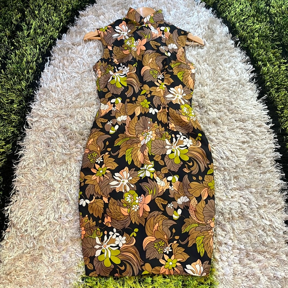 Vintage Silk Mandarin Collar Print Cocktail Dress